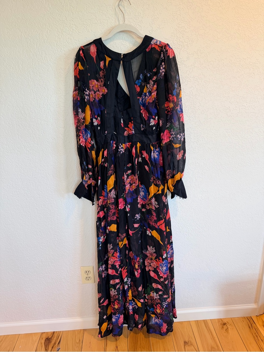 (SUNSET) Anthropologie Maeve Floral Black V-Neck Long Sleeve Maxi Dress - Picture 5 of 5